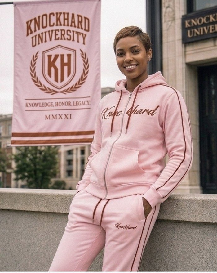 Model in the Blush pink Knockhard University full tracksuit