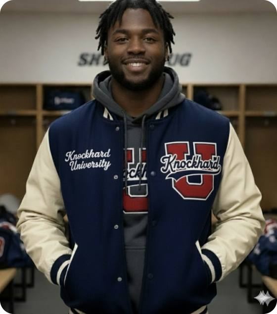 KHU Letterman Jacket in Navy & Cream — wool + leather